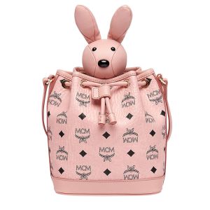 MCM Zoo Rabbit Drawstring Bag In Visetos Light Pink