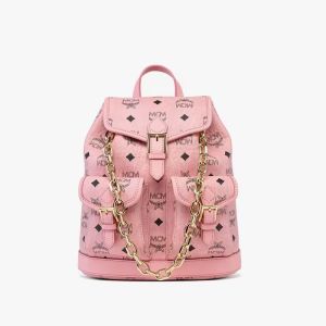 MCM Mini Aren Drawstring Backpack with Chain Handle Light Pink