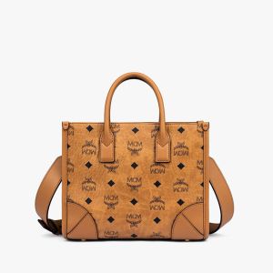 MCM Small Munchen Tote In Visetos Brown