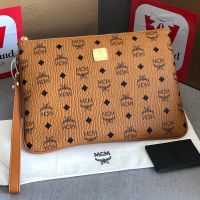 MCM Medium Wristlet Zip Pouch In Visetos Original Brown